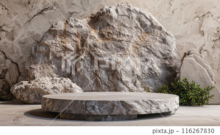 Stone podium mockup. Empty rock stage template. Promotion platform with copyspace. Minimalism design. Natural blank luxury pedestal with copy space for banner Stone podium mockup. Empty rock stage template. Promotion platform with copyspace. Minimalism design. Natural blank luxury pedestal with copy space for banner 116267830