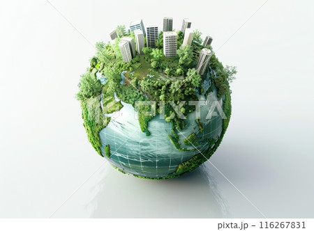 Green globe with 3D city. Planet ecosystem, concept of recycle and reuse. Global eco conservation. Nature background and building. Eco world environment 116267831