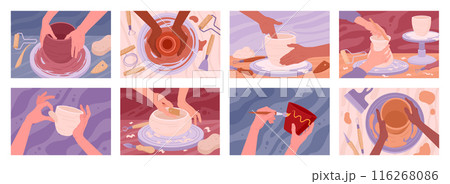 Cartoon pottery workshop. Potters hands making ceramics, clay crafting workshop process, handcrafting and hobby flat vector illustration set. Ceramic modeling process scenes 116268086