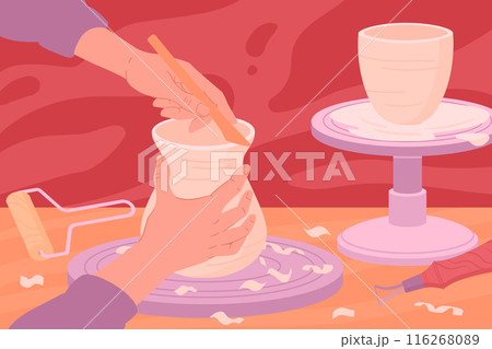 Ceramic studio potter hands. Potter modeling ceramic, person work with potter's wheel flat vector illustration. Handmade and hand crafting crockery 116268089