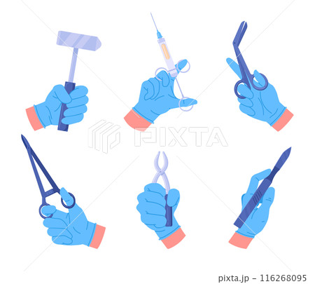 Doctors hands. Medical worker hands holding professional tools, syringe, scalpel and medical clamp flat vector illustration set. Cartoon medical equipment in doctors hands Doctors hands. Medical worker hands holding professional tools, syringe, scalpel and medical clamp flat vector illustration set. Cartoon medical equipment in doctors hands 116268095