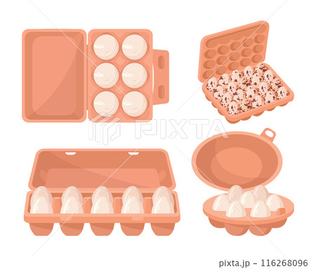 Egg carton. Chicken eggs in cardboard boxes, organic healthy eggs pack flat vector illustration set. Grocery store chicken eggs in boxes Egg carton. Chicken eggs in cardboard boxes, organic healthy eggs pack flat vector illustration set. Grocery store chicken eggs in boxes 116268096