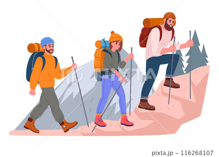 People climb mountain. Hiking active tourists, trekking and backpacking, characters outdoor adventure flat vector illustration. Tourists hiking on mountain trail 116268107