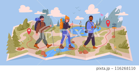 People hiking on map. Tourists walking on wild nature terrain map, hiking route and destination pin flat vector illustration. Backpackers group trekking on map 116268110
