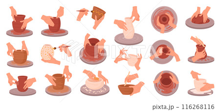 Potters hands. Hand crafting crockery, ceramics studio potters hands work with clay, potter's wheel and ceramic modeling process flat vector illustration set. Pottery workshop, handmade and hobby Potters hands. Hand crafting crockery, ceramics studio potters hands work with clay, potter's wheel and ceramic modeling process flat vector illustration set. Pottery workshop, handmade and hobby 116268116