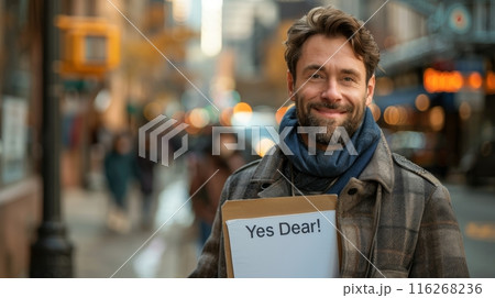 Happy Man Holding "Yes Dear!" Sign on City Street. A smiling man with a beard holds a sign that says "Yes Dear!" while standing on a bustling city street, dressed warmly. Banner with copy space 116268236