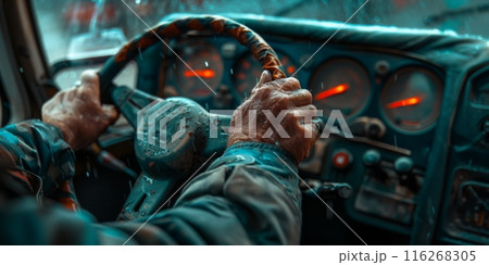 Hands on Steering Wheel in Rainy Truck. Close-up of hands gripping the steering wheel of a truck, with rain droplets on the windshield and illuminated dashboard. Banner with copy space Hands on Steering Wheel in Rainy Truck. Close-up of hands gripping the steering wheel of a truck, with rain droplets on the windshield and illuminated dashboard. Banner with copy space 116268305