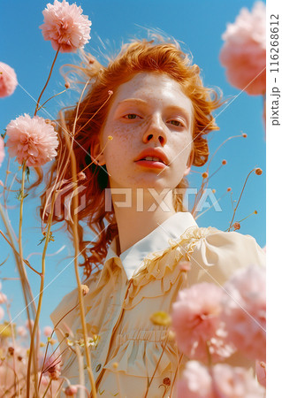A woman is standing in a field of pink flowers A woman is standing in a field of pink flowers 116268612