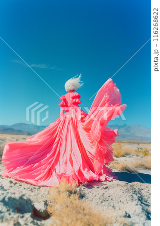 A woman in a pink dress is standing in a desert 116268622