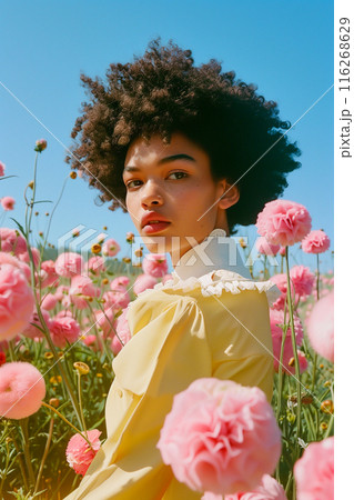 A woman is standing in a field of pink flowers 116268629