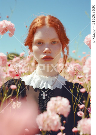 A woman is standing in a field of pink flowers 116268630