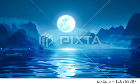 月夜の湖と山、霧と星、平和で幽玄な風景 116268897