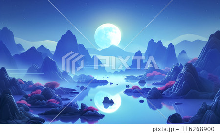 月夜の湖と山、霧と星、平和で幽玄な風景 116268900