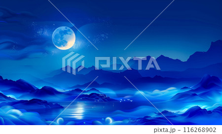 月夜の湖と山、霧と星、平和で幽玄な風景 116268902