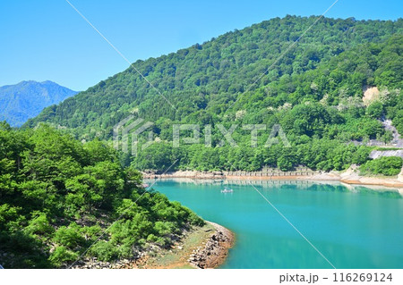 二居ダム エメラルドグリーンの二居ダム湖 湯沢町 二居ダム エメラルドグリーンの二居ダム湖 湯沢町 116269124