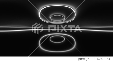 360 panorama of a white ring light reflection on black surface vr environment map 116269223
