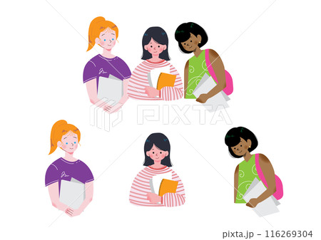 フラットな書類を抱えて立つ若い白人女性　黒人女性　日本人女性の上半身イラストセット 116269304