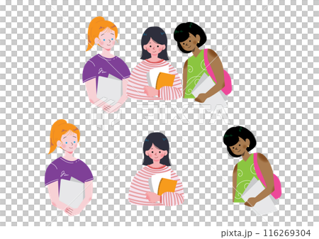 フラットな書類を抱えて立つ若い白人女性　黒人女性　日本人女性の上半身イラストセット 116269304