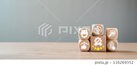 Wooden blocks with icons symbolizing quality management, business excellence, and continuous improvement on a wooden table with a grey background. 116269352