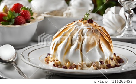 Baked Alaska flambe, a showy dessert with ice cream and meringue, flambeed for a dramatic presentation, blending cold and hot sensations in a delightful culinary experience. AI Generated 116269453