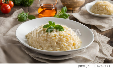 Risotto, a delicious Italian dish often enjoyed as a first course, known for its creamy texture and rich flavors that highlight Italian culinary tradition. AI Generated 116269454