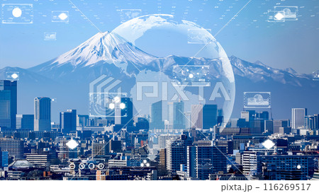 富士山を背景にしたデジタルデータ要素のある先進都市 富士山を背景にしたデジタルデータ要素のある先進都市 116269517