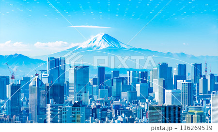 富士山を背景にしたデジタルデータ要素のある先進都市 富士山を背景にしたデジタルデータ要素のある先進都市 116269519