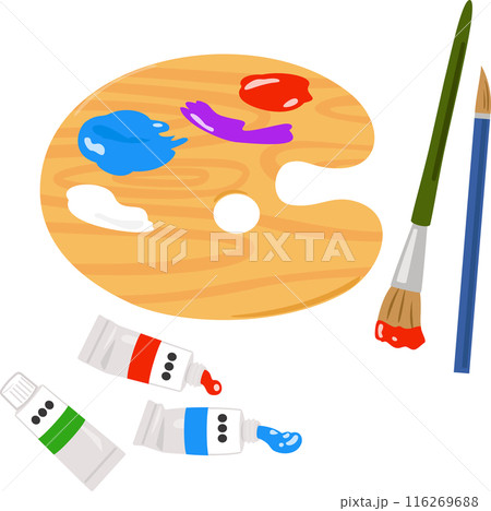 使用中の絵具のチューブと筆とパレット 116269688