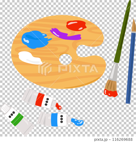 使用中的油漆管、畫筆和調色板 116269688