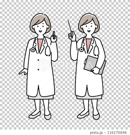 一組女醫生用手指指點解釋的全身插畫 116270846