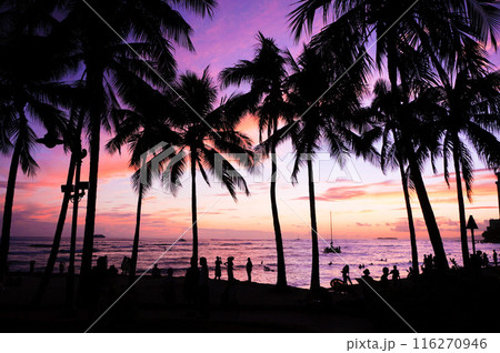 ワイキキビーチの夕暮れの美しい風景 116270946