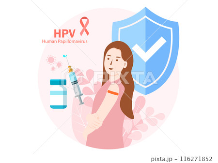 Woman shows off an orange plaster after receiving the vaccine. Prevent hpv virus infection and medication treatment, Reducing the chance of infection through vaccination, HPV (Human Papillomavirus) 116271852