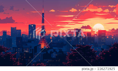 日本の東京都にある東京タワーの早朝風景をレトロな雰囲気で描いたベクター風イラスト 116271925