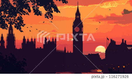 英国ロンドン時計塔ビッグベンの夕暮れ風景をレトロな雰囲気で描いたベクター風イラスト 116271926