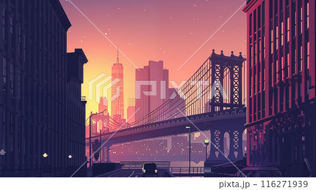アメリカ合衆国ニューヨーク州マンハッタンブリッジの早朝風景をレトロな雰囲気で描いたベクター風イラスト アメリカ合衆国ニューヨーク州マンハッタンブリッジの早朝風景をレトロな雰囲気で描いたベクター風イラスト 116271939
