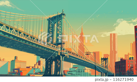 アメリカ合衆国ニューヨーク州マンハッタンブリッジの早朝風景をレトロな雰囲気で描いたベクター風イラスト アメリカ合衆国ニューヨーク州マンハッタンブリッジの早朝風景をレトロな雰囲気で描いたベクター風イラスト 116271940