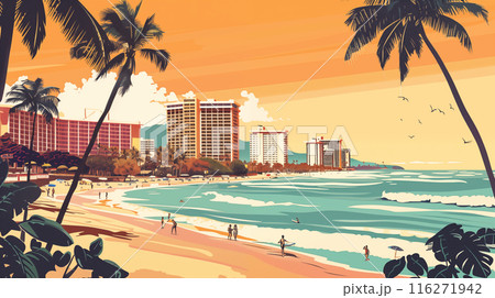 アメリカ合衆国ハワイ州ワイキキビーチの早朝風景をレトロな雰囲気でベクター風に描いたイラスト 116271942