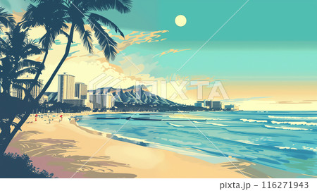 アメリカ合衆国ハワイ州ワイキキビーチの早朝風景をレトロな雰囲気でベクター風に描いたイラスト アメリカ合衆国ハワイ州ワイキキビーチの早朝風景をレトロな雰囲気でベクター風に描いたイラスト 116271943