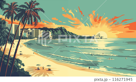 アメリカ合衆国ハワイ州ワイキキビーチの早朝風景をレトロな雰囲気でベクター風に描いたイラスト 116271945