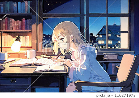 夜空の下で机に向かう少女の勉強シーン 116271978