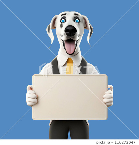 青い背景に、口を開けた犬がメッセージボードを持って正面を向いて立っている。AI画像 116272047