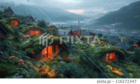 Eco-Friendly Modern Hillside Village with Green Roofs and Wind Turbines 116272347