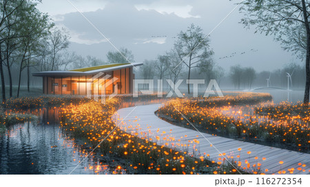 Eco-Friendly Modern House with Illuminated Pathway and Natural Surroundings 116272354
