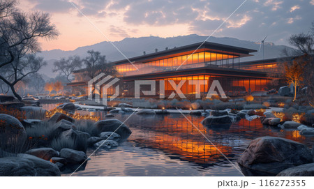 Modern Sustainable Building with Scenic Natural Landscape at Sunset 116272355