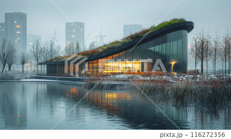 Modern Eco-Friendly Building with Green Roof and Urban Landscape 116272356