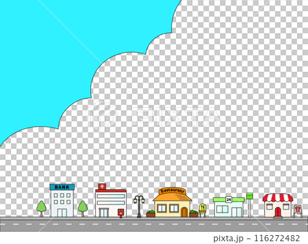 Illustration of blue sky, clouds and cute shops 116272482