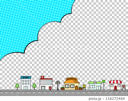 流行的藍天、雲彩和可愛的商店的插圖 116272484