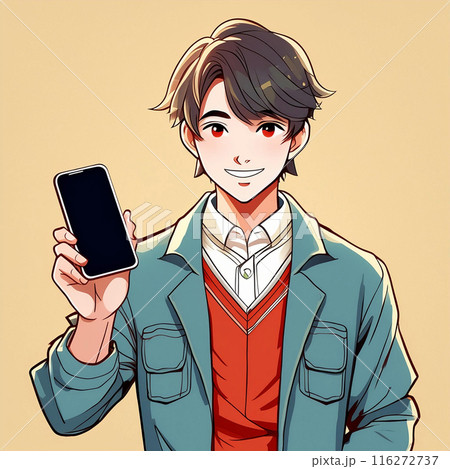 黄色背景にスマホを持つ男性。正面を向いている。 116272737