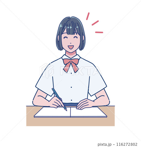 机で勉強するアニメ風の女子生徒 116272802