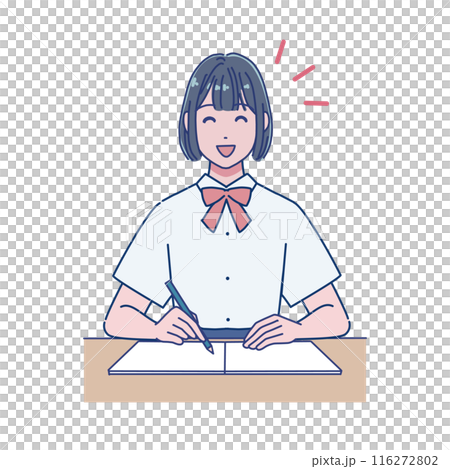 机で勉強するアニメ風の女子生徒 116272802